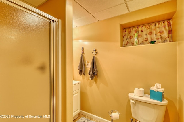 157 Mcesther Dr Unit L 31, Covington Twp, PA 18424 - bathroom featuring a paneled ceiling, a shower stall, and vanity