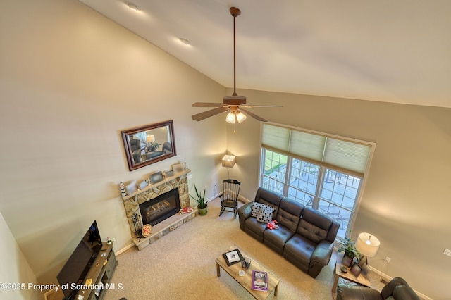 157 Mcesther Dr Unit L 31, Covington Twp, PA 18424 - living area featuring ceiling fan, a fireplace, carpet flooring, and high vaulted ceiling