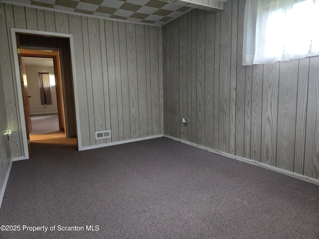 empty room featuring wood walls and carpet floors