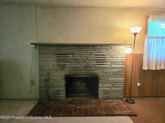 detailed view of a stone fireplace