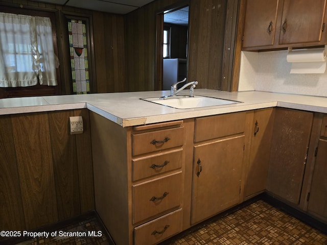kitchen featuring a sink, light countertops, a peninsula, and healthy amount of natural light