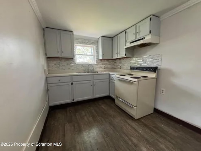 1034 Plane St, Avoca, PA 18641 - kitchen featuring tasteful backsplash, electric range, under cabinet range hood, a sink, and dark wood-style floors