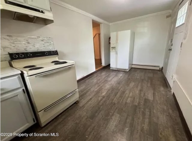 1034 Plane St, Avoca, PA 18641 - kitchen featuring a baseboard heating unit, under cabinet range hood, ornamental molding, white range with electric stovetop, and dark wood-style floors