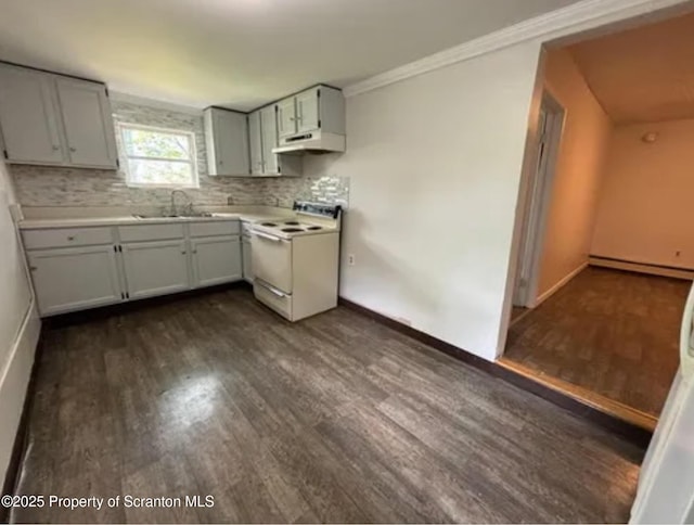 1034 Plane St, Avoca, PA 18641 - kitchen featuring dark wood-style floors, baseboards, white electric range oven, and a sink