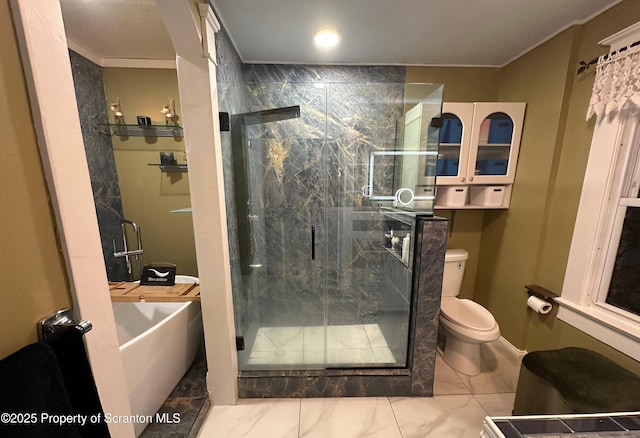 1747 Monsey Ave, Scranton, PA 18509 - bathroom featuring toilet, a marble finish shower, ornamental molding, and a tub