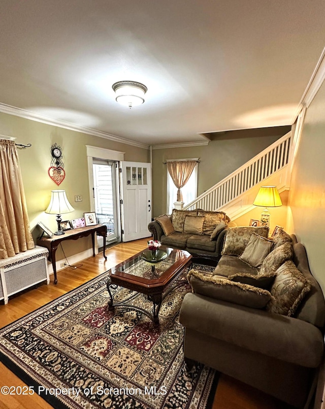 1747 Monsey Ave, Scranton, PA 18509 - living area featuring ornamental molding, wood finished floors, and stairs