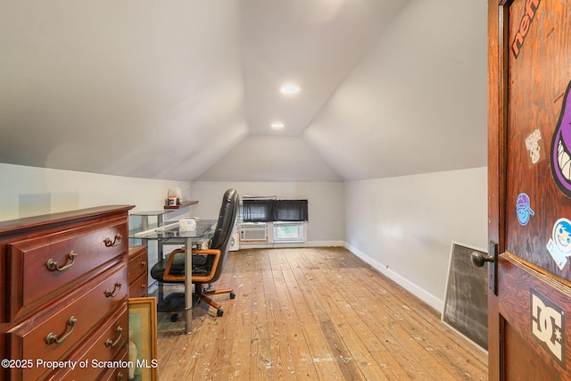 office area with lofted ceiling, hardwood / wood-style flooring, baseboards, and recessed lighting