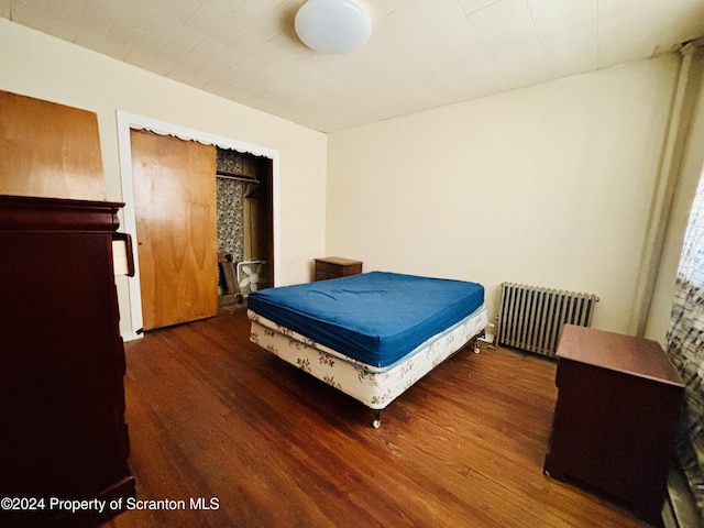 bedroom with dark hardwood / wood-style floors and radiator heating unit