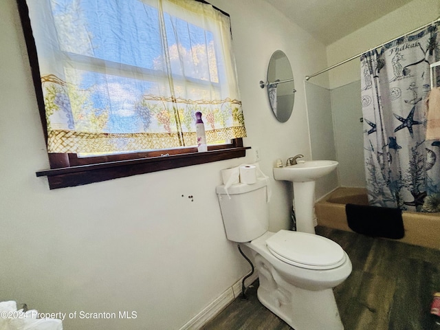 full bathroom featuring shower / bathtub combination with curtain, toilet, wood-type flooring, and sink