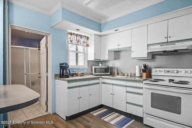 kitchen with under cabinet range hood, stainless steel microwave, crown molding, and electric stove