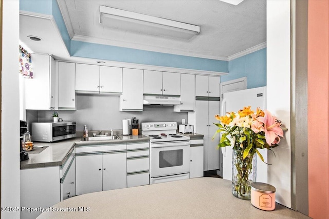 kitchen with white appliances, white cabinets, under cabinet range hood, and ornamental molding