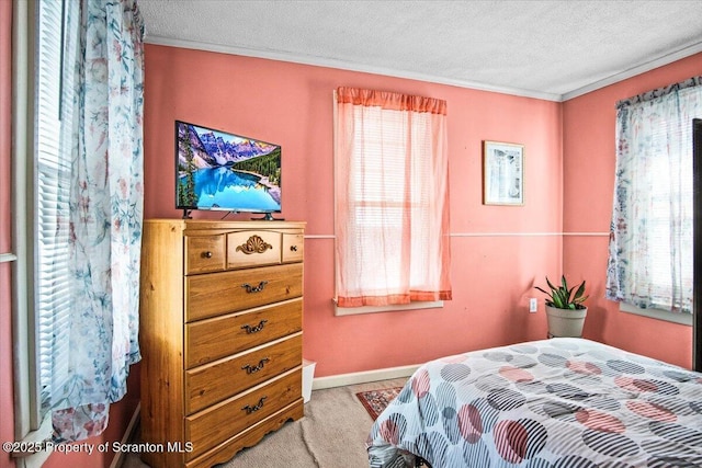 bedroom with ornamental molding, multiple windows, carpet, and a textured ceiling