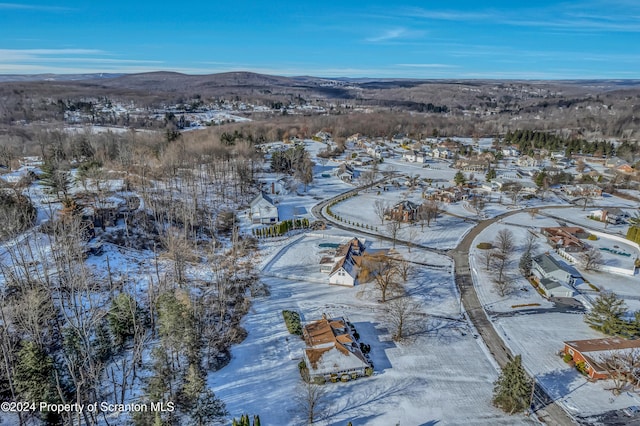 snowy aerial view with a mountain view