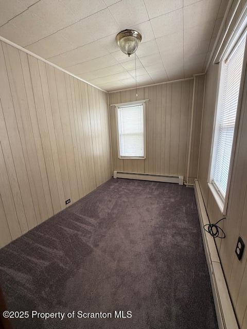 554 Back St, Scranton, PA 18504 - empty room with baseboard heating, dark colored carpet, plenty of natural light, and wood walls