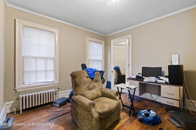 office featuring crown molding, radiator heating unit, and hardwood / wood-style flooring