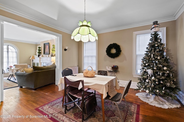 dining room with ornamental molding, radiator, and hardwood / wood-style flooring