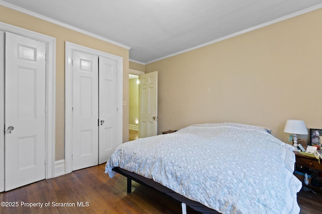 bedroom featuring wood-type flooring and ornamental molding