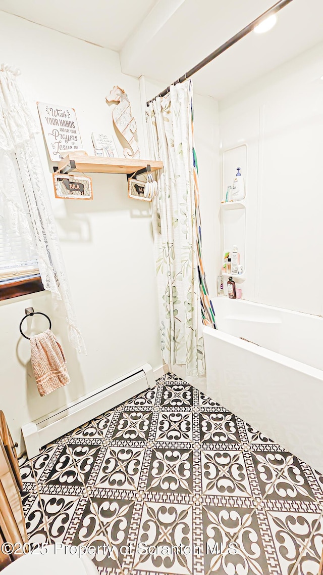 bathroom featuring tile patterned flooring, a baseboard radiator, and shower / bathtub combination with curtain