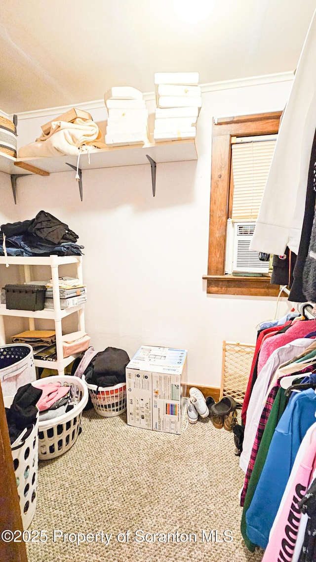 spacious closet featuring cooling unit and carpet floors