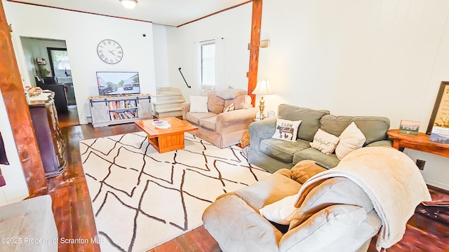 living room with crown molding and hardwood / wood-style flooring