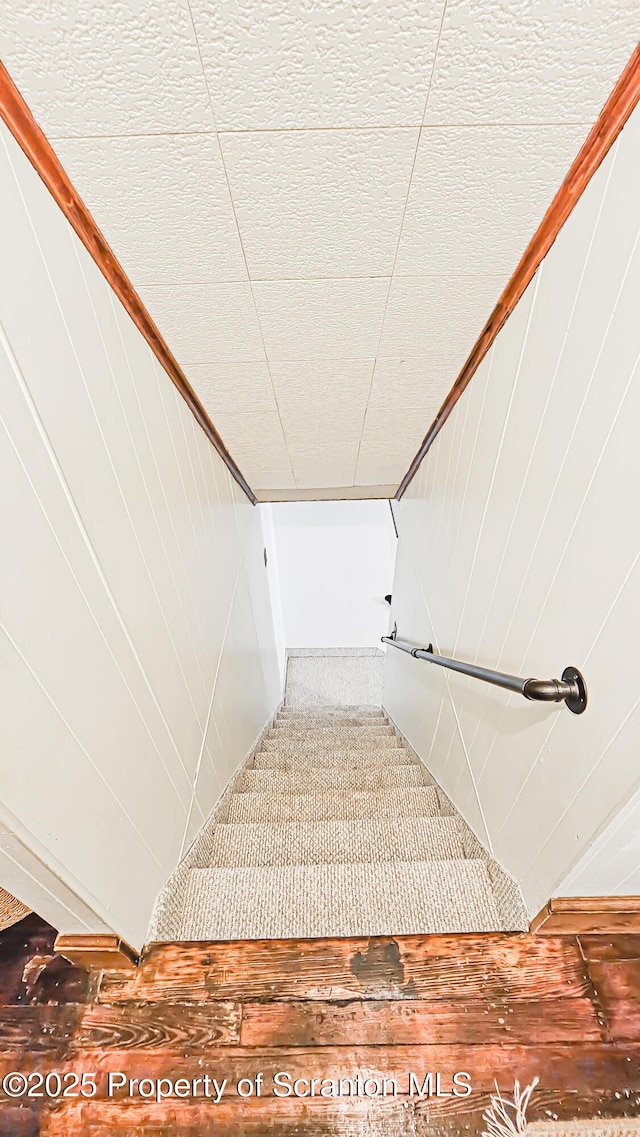 stairway featuring wooden walls