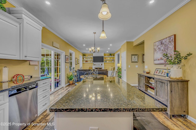 1612 Whitetail Run, Moscow, PA 18444 - kitchen with dishwasher, ornamental molding, white cabinets, pendant lighting, and a kitchen island