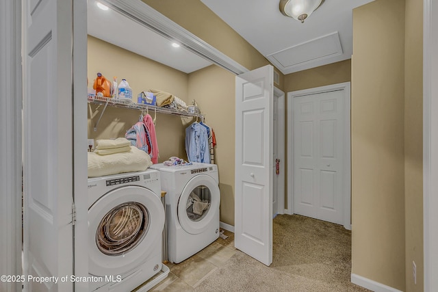 1612 Whitetail Run, Moscow, PA 18444 - washroom featuring separate washer and dryer, light colored carpet, and attic access