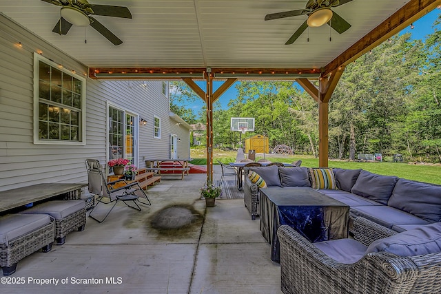 1612 Whitetail Run, Moscow, PA 18444 - view of patio / terrace featuring outdoor lounge area, ceiling fan, a shed, and view of scattered trees