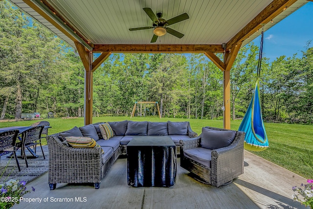 1612 Whitetail Run, Moscow, PA 18444 - view of patio featuring outdoor lounge area, ceiling fan, and view of scattered trees