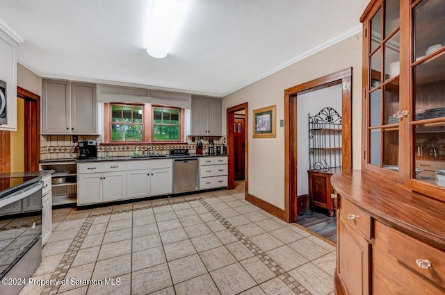 kitchen with decorative backsplash, stainless steel dishwasher, sink, black range with electric stovetop, and light tile patterned flooring