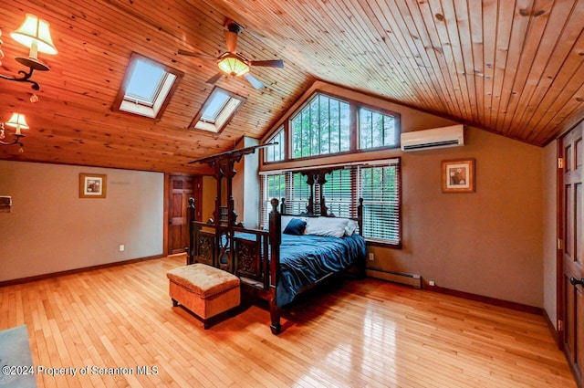 bedroom with light hardwood / wood-style floors, a wall unit AC, baseboard heating, and wooden ceiling