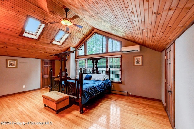 bedroom featuring lofted ceiling with skylight, wooden ceiling, light hardwood / wood-style flooring, a baseboard radiator, and a wall unit AC