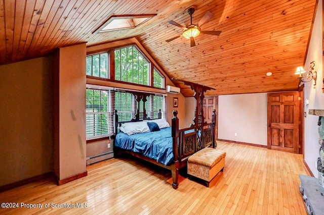 bedroom with wooden ceiling, light hardwood / wood-style flooring, ceiling fan, baseboard heating, and a wall mounted AC