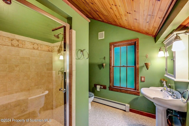 bathroom with an enclosed shower, vaulted ceiling, a baseboard radiator, wooden ceiling, and toilet