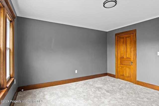 carpeted spare room with ornamental molding