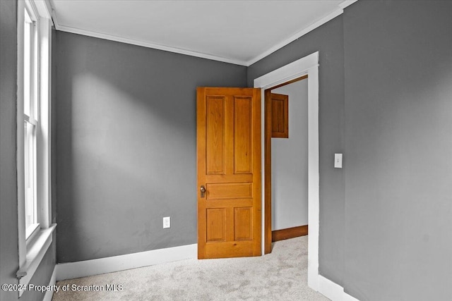 carpeted empty room featuring crown molding and plenty of natural light