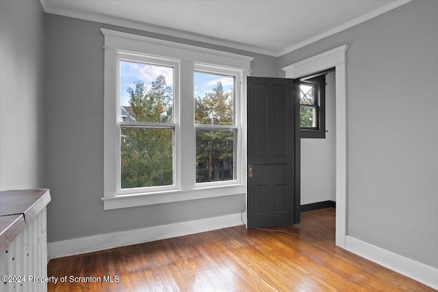 spare room with hardwood / wood-style floors and crown molding