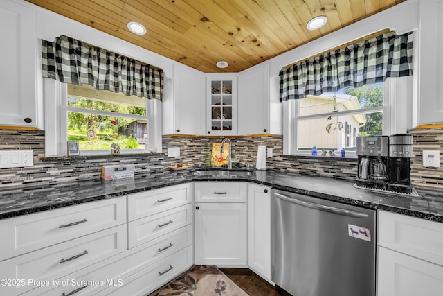 1715 Booth Rd, Hallstead, PA 18822 - kitchen featuring dishwasher, white cabinets, wood ceiling, glass insert cabinets, and dark stone countertops