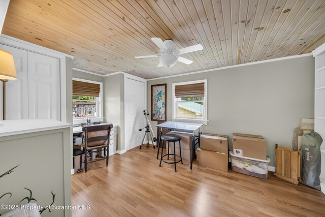 1715 Booth Rd, Hallstead, PA 18822 - dining room featuring crown molding, a ceiling fan, light wood-type flooring, and wooden ceiling