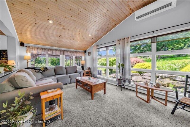 1715 Booth Rd, Hallstead, PA 18822 - carpeted living area featuring a wall unit AC, wooden ceiling, and high vaulted ceiling