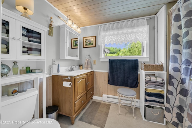 1715 Booth Rd, Hallstead, PA 18822 - bathroom featuring wood ceiling, vanity, wooden walls, wainscoting, and a baseboard heating unit