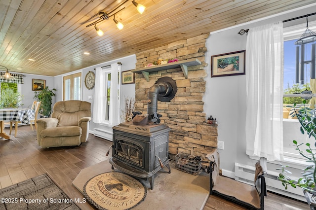 1715 Booth Rd, Hallstead, PA 18822 - living room featuring a wood stove, wooden ceiling, plenty of natural light, a baseboard radiator, and wood finished floors