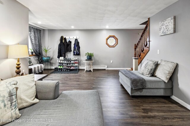 217 N Everett Ave, Scranton, PA 18504 - living room featuring baseboards, recessed lighting, stairway, wood finished floors, and a baseboard heating unit