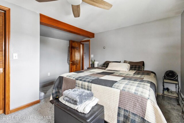 217 N Everett Ave, Scranton, PA 18504 - bedroom featuring beamed ceiling, baseboards, a ceiling fan, and carpet flooring