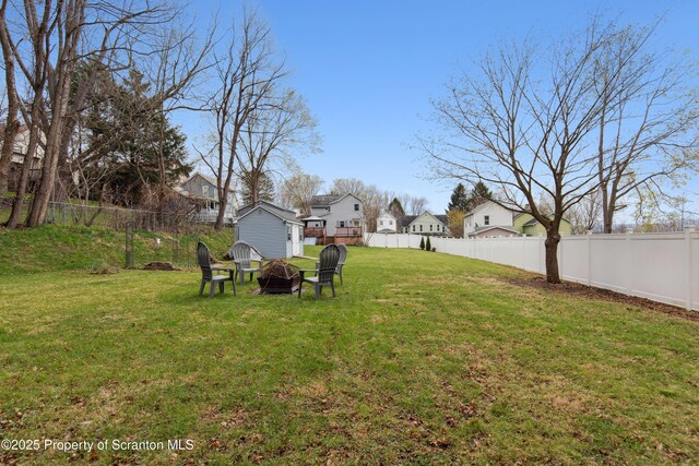 217 N Everett Ave, Scranton, PA 18504 - view of yard featuring a storage shed, a fenced backyard, an outdoor structure, a fire pit, and a residential view