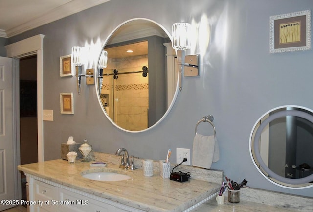 548 Winter St, Old Forge, PA 18518 - bathroom with tiled shower, vanity, and crown molding