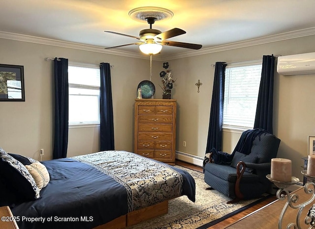 548 Winter St, Old Forge, PA 18518 - bedroom with multiple windows, a wall mounted AC, baseboard heating, crown molding, and wood finished floors