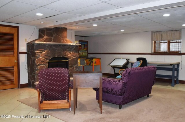 548 Winter St, Old Forge, PA 18518 - living area featuring baseboards, recessed lighting, a drop ceiling, and a fireplace