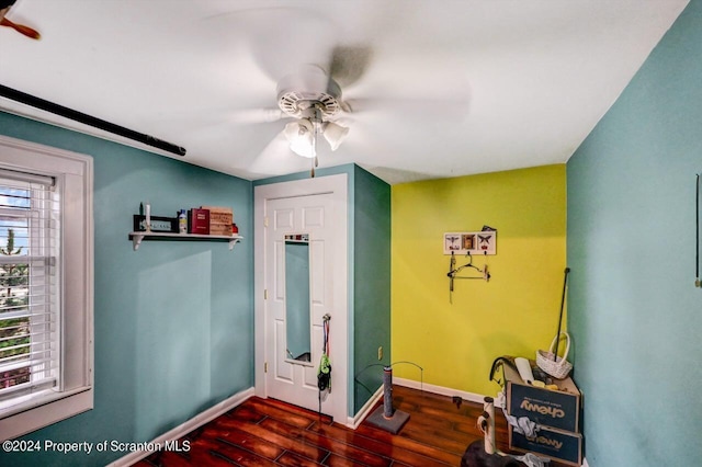 foyer featuring ceiling fan, a healthy amount of sunlight, and dark hardwood / wood-style flooring