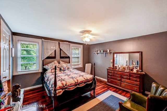 bedroom featuring ceiling fan, dark hardwood / wood-style floors, radiator, and multiple windows